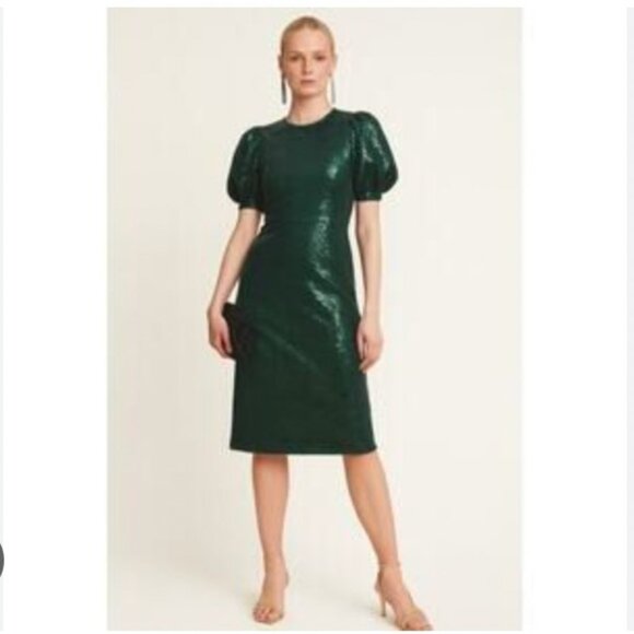 Rachel Parcell Dress Womens Medium Emerald Sequin Puff Sleeve Cocktail W1005 - Picture 1 of 5